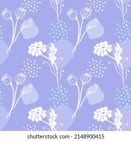Poppy Flower and Poppy Seed head seamless pattern.  Hand drawn sketch. Line art. Colourful abstract background on purple