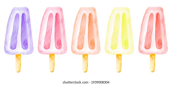 Popsicles on a stick in pastel colors. Watercolor hand-drawn ice cream . Summer dessert. Perfect for poster, card, banner