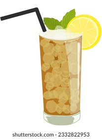 Popular coctail drink Long Island Iced Tea in colour   easy to use illustration style  Summer alcoholic beverage and mint leaves  citrus  Great for drink lists   background items in animation 