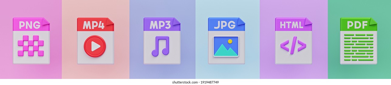 popular file format icons set. simple banner. 3d rendering