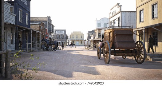 Populated western town with various businesses . 3d rendering