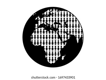 Population Explosion On The Planet Earth Icon. Earth Black Silhouette Icon. Human Overpopulated Planet Illustration. Global Population Problem Icon. World Population Growth Illustration