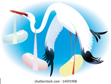 The Population Explosion, Stork Becomes Exhausted Carrying Children. A Vector Illustration.