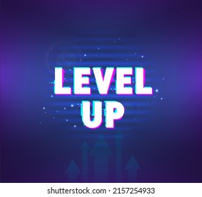 Pop-up Window With Congratulations On Level Up. Game Screen Interface For App And Mobile Phone Games. GUI, UI, UX Screen. Level Up Illustration With Glitch And Glow Effect. Pop-up New Lvl 