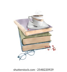 Porcelain coffee cup stands on a stack of books. Watercolor digital illustration. Glasses and red berries on a branch isolated on white background. Teaspoon on a saucer. Books in a stack. - Powered by Shutterstock