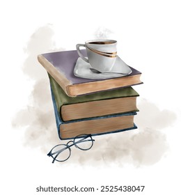 A porcelain cup of coffee on a stack of books. Digital watercolor illustration. Elegant glasses isolated on a background. Old, vintage books are in a stack, with a cup of coffee on top on a saucer.