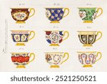 Porcelain Designs (1825–50). Vintage art Porcelain drawing illustration, old Porcelain painting art print. Realistic Porcelain vintage illustration.