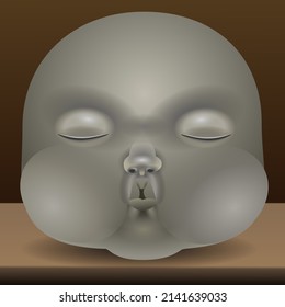 A porcelain sculpture of a cheeky baby head . Digital illustration