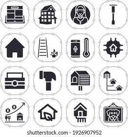 Porch 16 Filled Icon Set With Bird House, House, Ladder, Growth, Hammer, Geothermal, Chisel, Distribution, Voice Assistant, Toolbox, Cpu, Frame