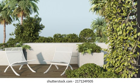 Porch With Outdside Furniture - White Chairs. Palm Trees. Tropical Backyard Garden. Lounge Veranda Patio With Plant. Nice Relax Summer Area - Vacation Space. Home Garden. 3d Rendering 