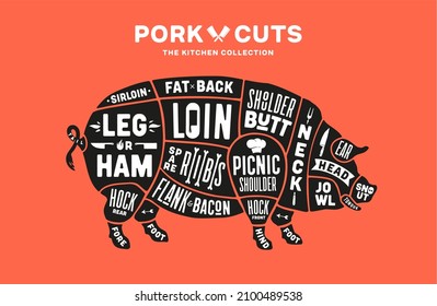Pork, pig. Scheme, diagram, chart pork, butcher guide. Poster for kicthen or bar wall design. Vintage retro print, art typography with pig drawing, old school style. Illustration