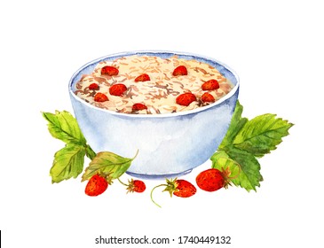 Porridge with strawberries. Oat, cereal grain granola in bowl. Watercolor vegetarian food with fresh berries and leaves - Powered by Shutterstock