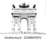 Porta Sempione ("Simplon Gate"), a city gate of Milan, Italy. The gate is marked by a landmark triumphal arch called Arco della Pace ("Arch of Peace"), ink sketch illustration.