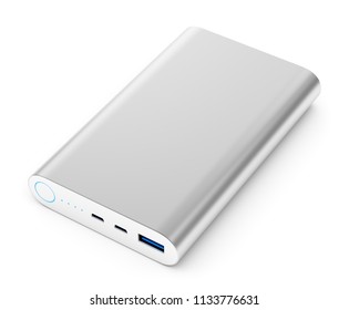 Portable External Rechargeable Mobile Device Battery Charger. Gray Metallic USB Power Bank For Smartphones And Tablet Computers Charging Isolated On White Background. 3D Illustration