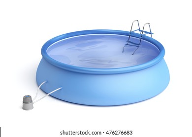 Portable Swimming Pool With Ladder And Filter Pump On White Background, 3D Illustration