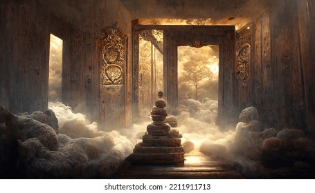 Portal To Another World, Magical Realism, Parallel World, Ancient Runes, Relics. Wooden Gate In Dim Clouds In An Empty Room. 3D Render. Raster Illustration.