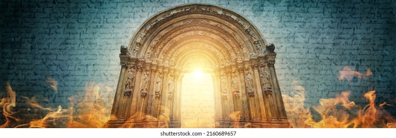  Portal Of Cathedral Against Background Of Biblical Texts With Effect Overlay Mode On Texture Ancient Paper. Text With A Blur Effect. Background On Theme Of History, Religion, Renaissance, Middle Ages