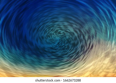 Portal effect. Wormhole of blue and golden colors. Circular spiral tunnel absorbs matter. Fantastic cyan yellow background image of digital space. Abstract backdrop of cyberspace. Spherical warp.