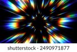 Portal for hyperspace jump at the speed of light. Colorful glowing light rays inside the infinite tunnel. Time warp. Traveling in space. Big bang. Abstract rainbow refraction background. 3d render