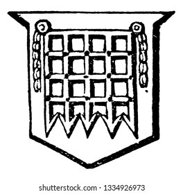 Portcullis used to defend the entrance to a castle, vintage line drawing or engraving illustration.