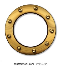 Porthole Or Ship Window As A Nautical And Marine Symbol Of A Cruise Sailboat Or Boat Passenger Cabin Window Made Of Gold Brass Metallic Circular Frame With Screws On A White Background With A Shadow.