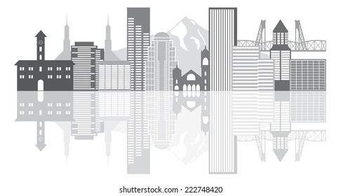 Portland Oregon Outline Silhouette with City Skyline Downtown Panorama GrayscaleReflection Isolated on White Background Illustration