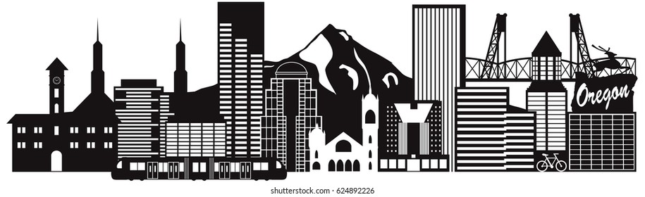 Portland Oregon Outline Silhouette with City Skyline Downtown and Transportation Panorama Black Isolated on White Background raster Illustration