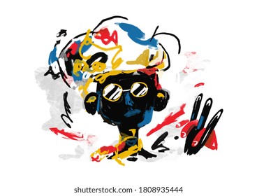 Portrait Of African Man With Sunglass. Painting, Modern Abstract Graffiti Illustration. Paint With Primary Color. Contemporary Art For Print And Poster	
