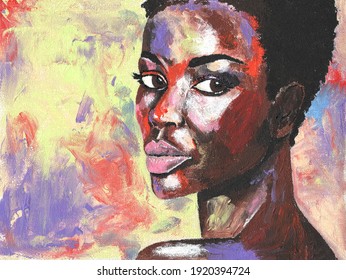 Portrait african woman drawn and acrylic canvas  Black lives matter  African woman and black hair portrait in pop art style  Modern art painting