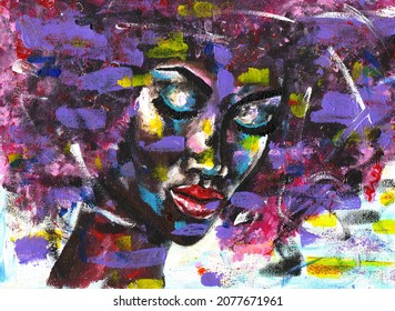 Portrait african woman drawn and acrylic canvas  Black lives matter  African woman and pink hair portrait in street style  Modern art painting