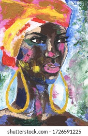 Portrait Of African Woman In Street Style Hand Drawn Acrylic On Canvas. African Woman In Turban Portrait Pop Art Style Picture. Acrylic Beauty African Woman. Painting Fashion Illustration. 