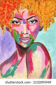 Portrait Of African Woman In Street Style Hand Drawn Acrylic On Canvas. African Woman With Red Hair Portrait Pop Art Style Picture. Acrylic Beauty African Woman. Painting Fashion Illustration. 