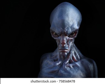 Portrait of an angry looking alien creature, 3D rendering. Black background.