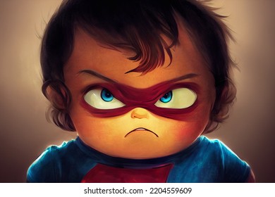 Portrait Of An Angry Superhero Kid With Face Mask, Digital Illustration