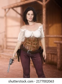 Portrait Of An Attractive Dark Haired Young Woman Posing With A Revolver In Her Hand Wearing Wild West Outift In An Old Western Street. 3D Illustration.