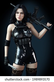 Portrait Of A Battle Born Female Soldier With Long Black Hair Automatic Weapon And Combat Knife With A Gradient Background. 3d Rendering