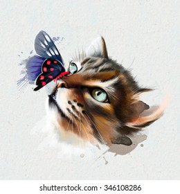 Portrait beautiful cat and butterfly his nose  isolated white background  watercolor illustration