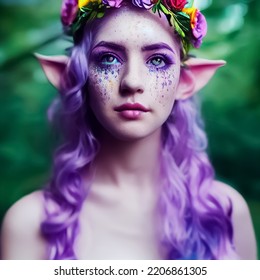 Portrait Of A Beautiful Elf Girl With A Textured Face And Unique Purple Hair, 3D Illustration.