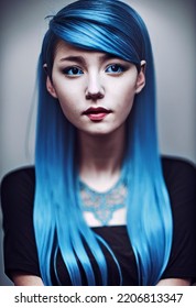 Portrait Of A Beautiful Girl With Blue Hair Not Looking At The Camera Isolated On Background