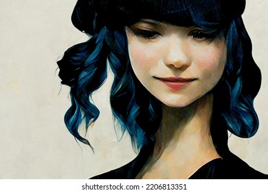 Portrait Of A Beautiful Girl With Blue Hair Not Looking At The Camera Isolated On Background