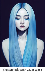 Portrait Of A Beautiful Girl With Blue Hair Not Looking At The Camera Isolated On Background