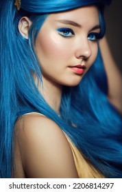 Portrait Of A Beautiful Girl With Blue Hair Not Looking At The Camera Isolated On Background