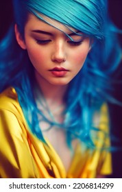 Portrait Of A Beautiful Girl With Blue Hair Not Looking At The Camera Isolated On Background