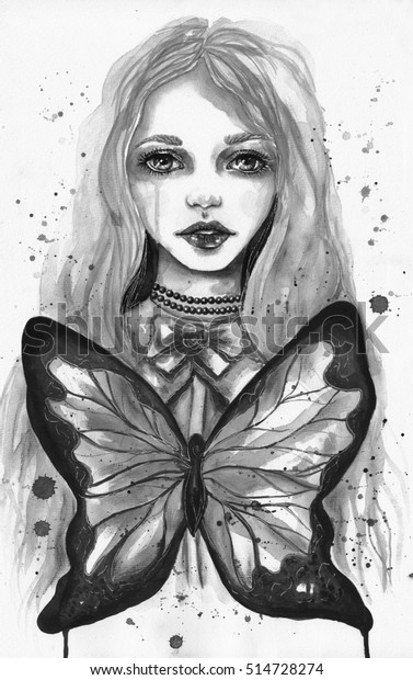 Portrait Beautiful Girl Butterfly Gothic Watercolor Stock