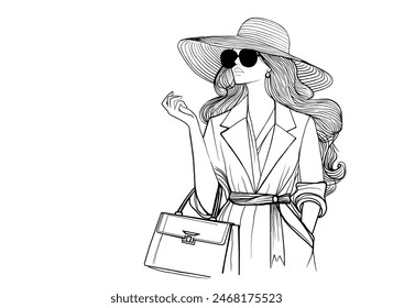 Portrait of beautiful girl in an elegant hat and sunglasses. Black and white illustration isolated on white background. Line illustration. Minimalist print. Line art. Beauty logo - Powered by Shutterstock