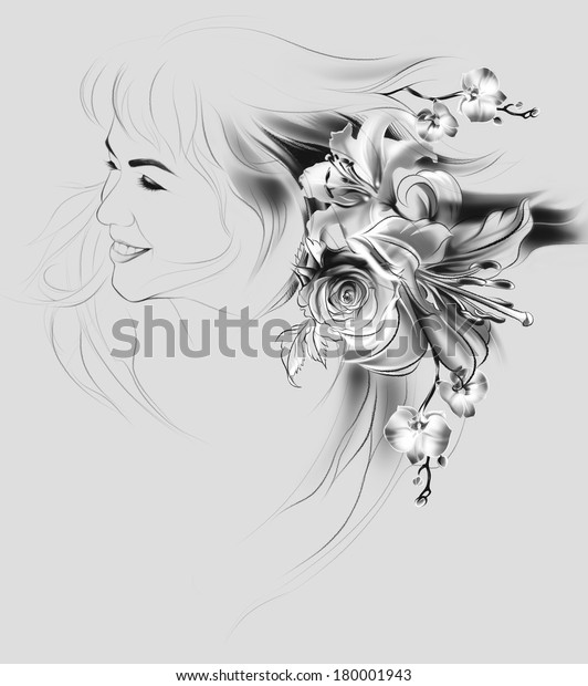 Portrait Beautiful Girl Flowers Her Hair Stockillustration