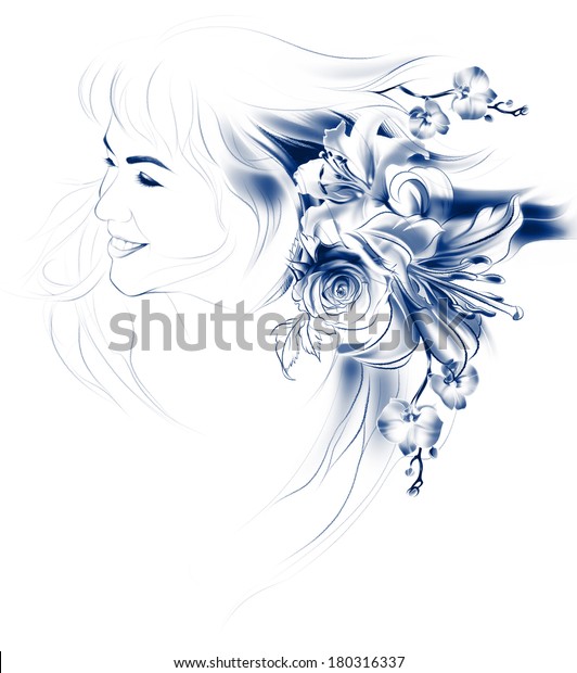 Portrait Beautiful Girl Flowers Her Hair Stock Illustration