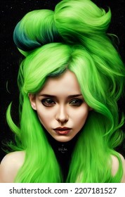 Portrait Of A Beautiful Girl With Green Hair Not Looking At The Camera Isolated On Background