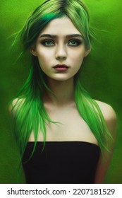 Portrait Of A Beautiful Girl With Green Hair Not Looking At The Camera Isolated On Background