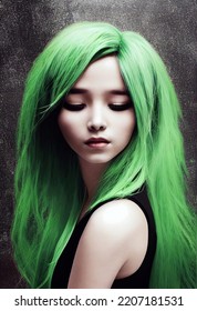 Portrait Of A Beautiful Girl With Green Hair Not Looking At The Camera Isolated On Background